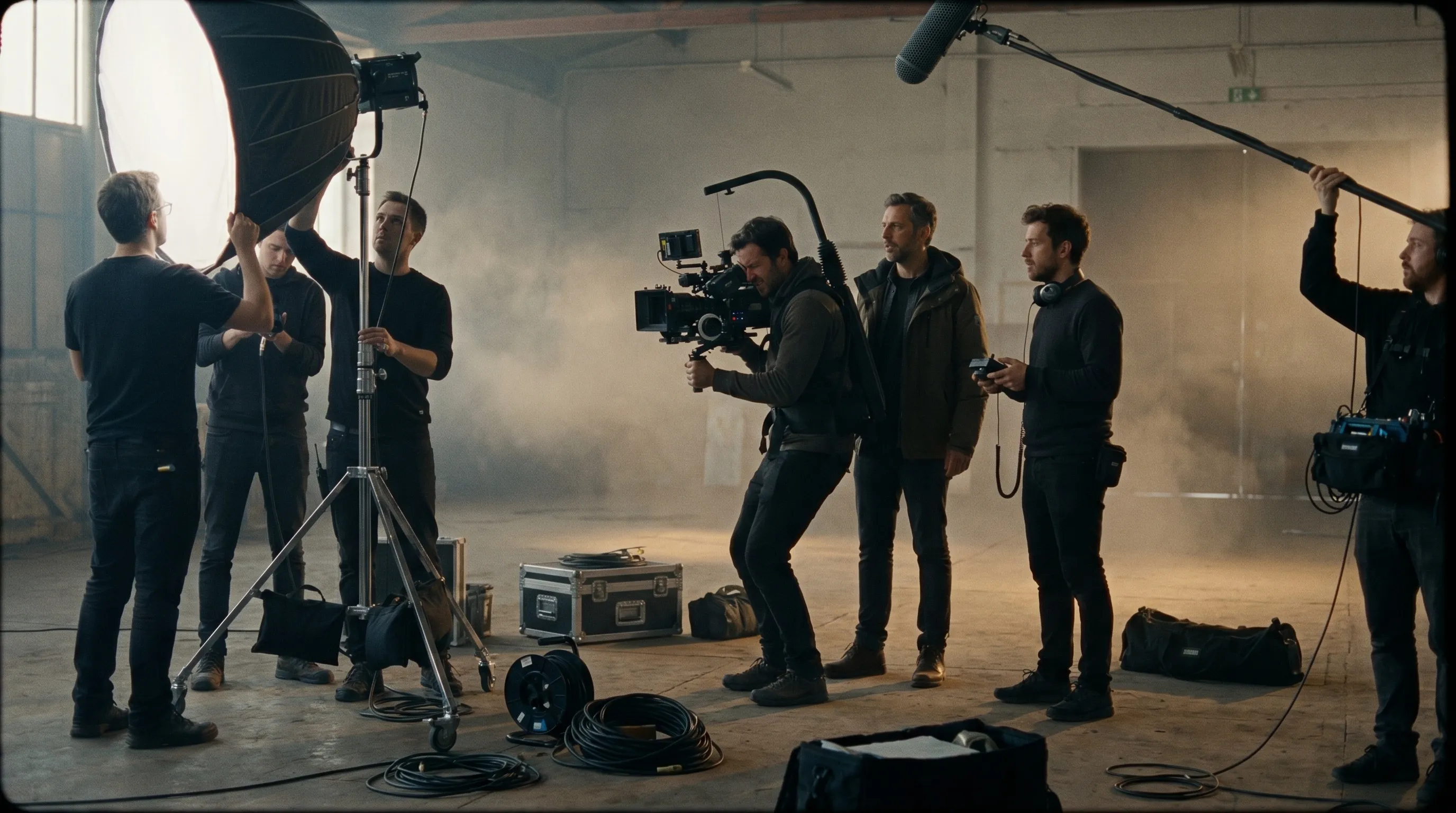 Équipe de tournage en action sur un plateau