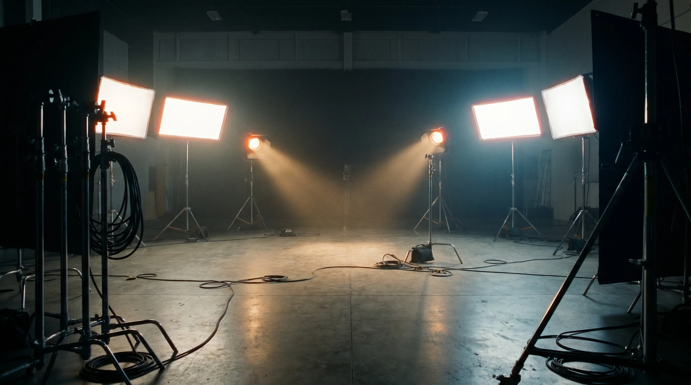 Projecteurs et panneaux LED dans un studio de tournage