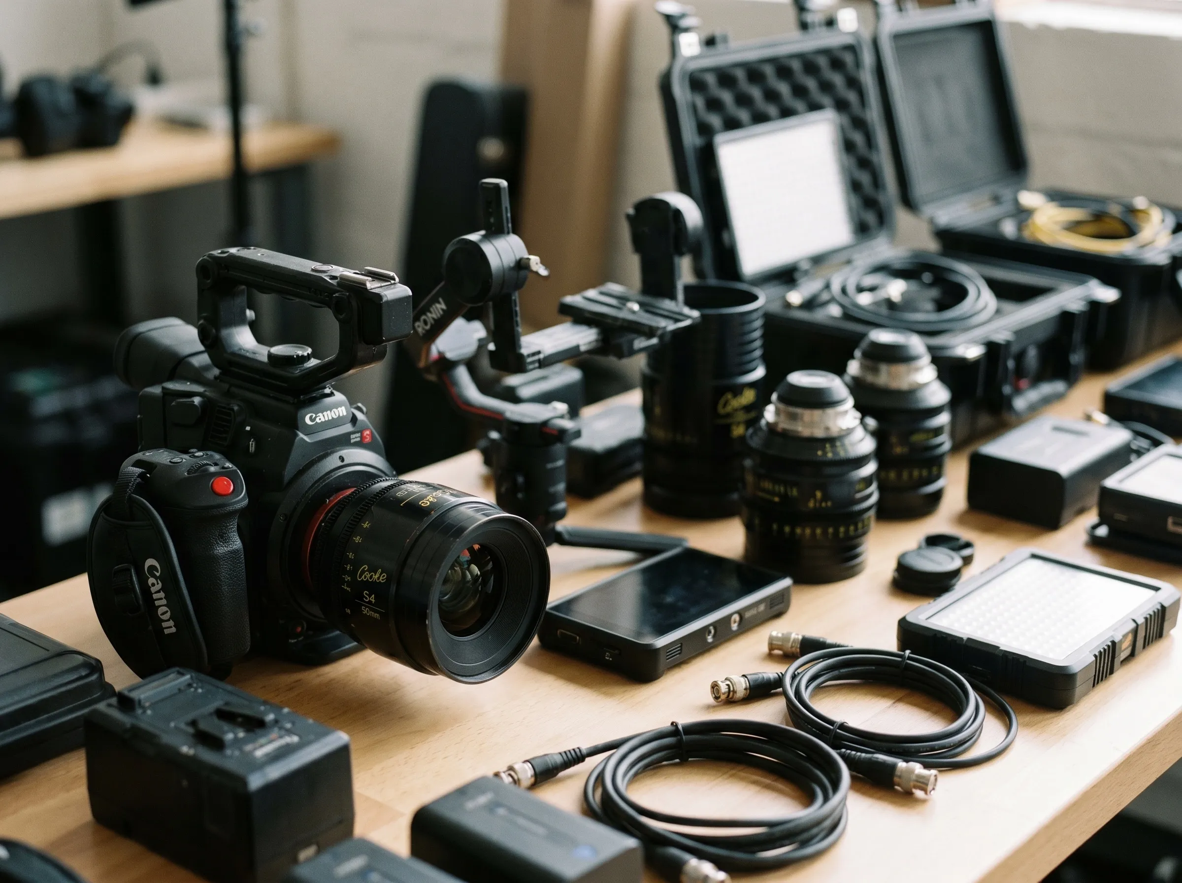 Matériel de tournage : caméra Canon, stabilisateur DJI Ronin, objectifs et accessoires
