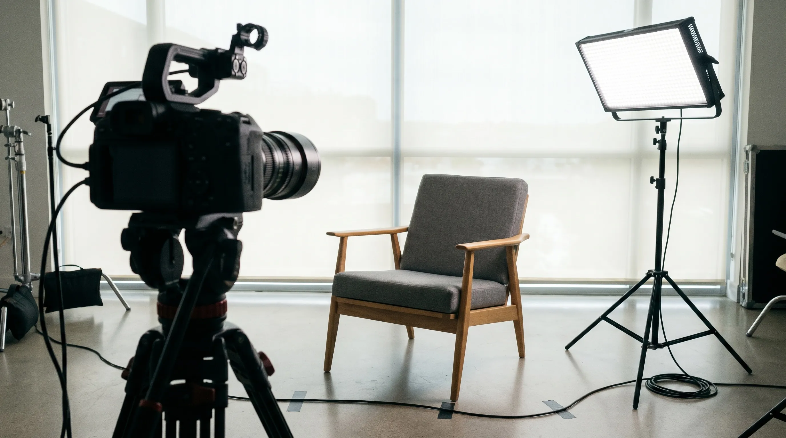 Dispositif d'interview en entreprise : caméra cinéma, fauteuil et éclairage léger en intérieur lumineux